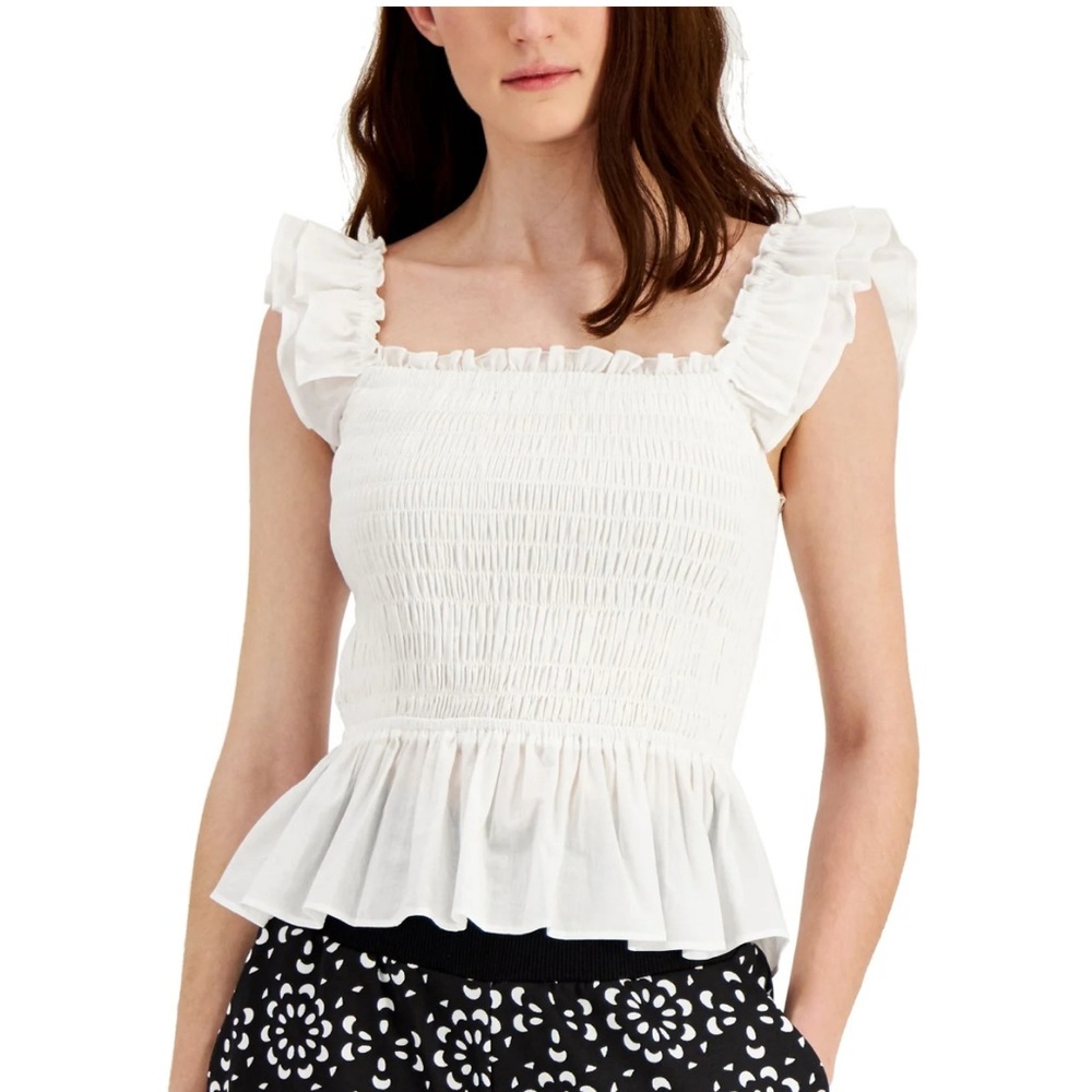 INC International Concepts White Smocked Peplum Tank Top Ruffle Blouse Cotton